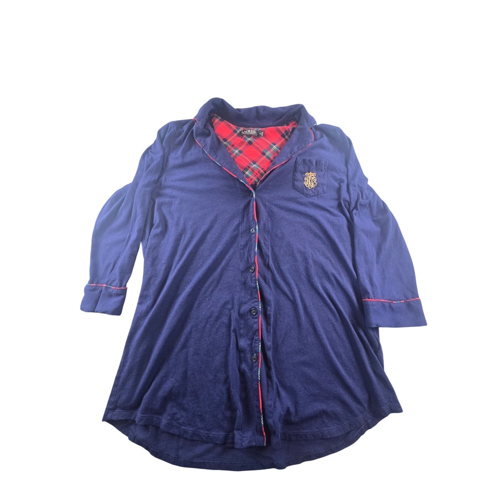 Lauren Ralph Lauren Navy Blue Plaid Trim Crest Logo Knit Nightshirt XL